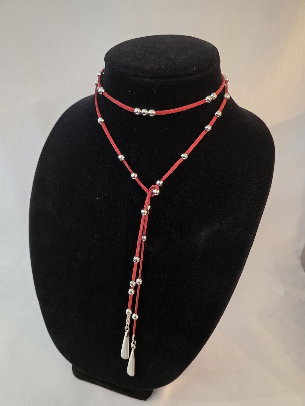 Open Ended Silver Beaded Burgundy Leather Strap Necklace 40" New